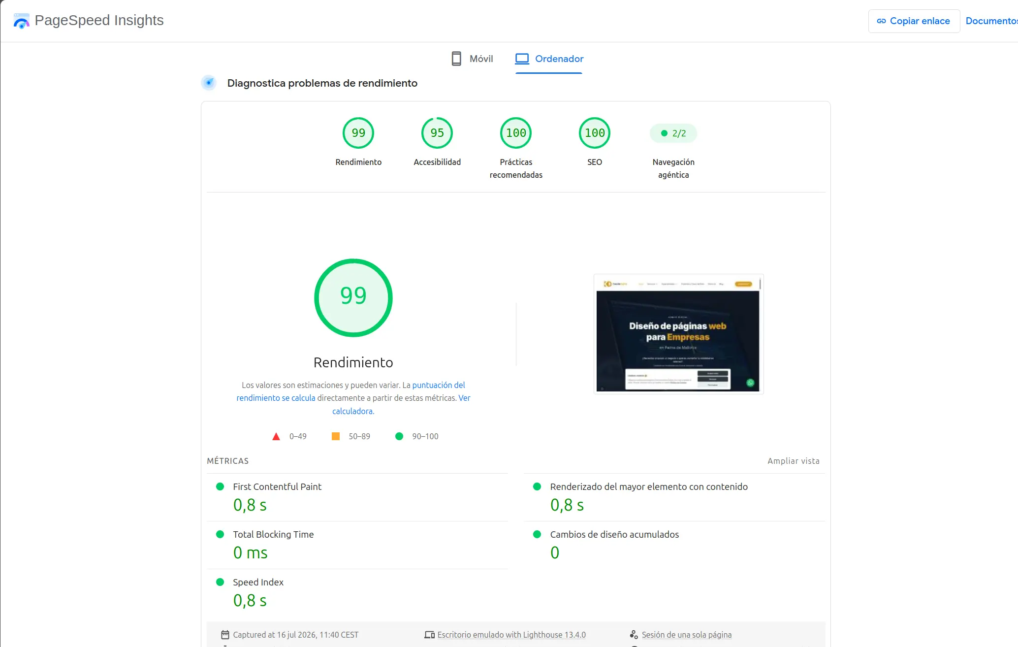 Métricas de rendimiento de PageSpeed Insights mostrando un 100/100 en Core Web Vitals